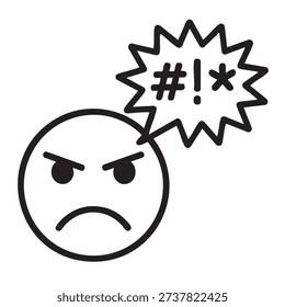A simple black line drawing of an angry face with a speech bubble containing profanity symbols on a white background