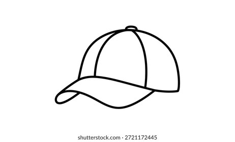 Un simple dibujo de línea negra de una gorra de béisbol con un borde curvo y un Botón superior. La ilustración es minimalista, limpia y moderna, adecuada para proyectos de diseño de moda o ropa. Es elegante