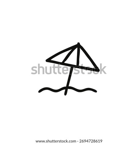 Simple black line drawing of a beach umbrella on water