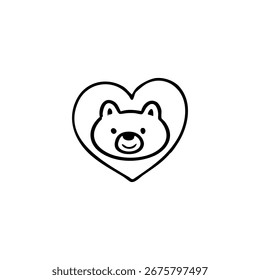 Desenho simples em linha preta de uma cabeça de urso dentro de uma forma de coração