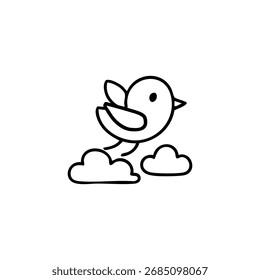 Simple black line drawing of a bird flying above clouds