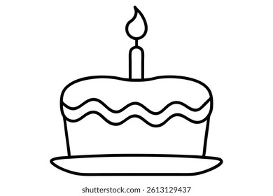 Simple black line drawing of a birthday cake with candle.