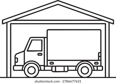 A simple black line drawing of a box truck parked inside a garage with a peaked roof, showcasing clean lines and minimal details in a classic illustration style