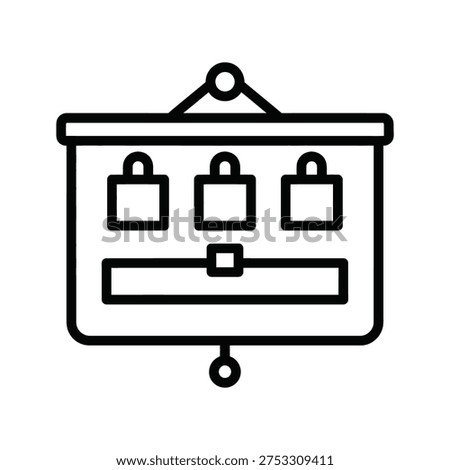 a simple black line drawing of a bulletin board with three padlocks and a rectangle at the bottom, on a white background