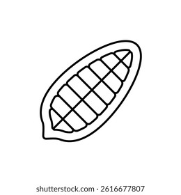 A simple black line drawing of a cacao bean with crosshatch details, showcasing the natural shape and texture
