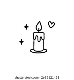 Dibujo de línea negra simple de una vela con cera derretida y estrellas, acompañado de un corazón