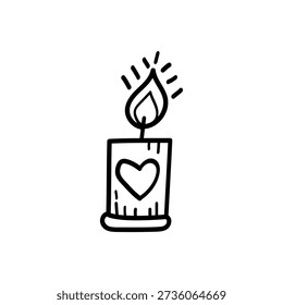 Simple black line drawing of a candle with a heart on it, lit and glowing