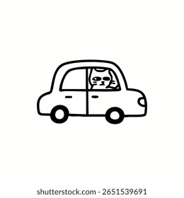 Simple black line drawing of a car with a cat inside