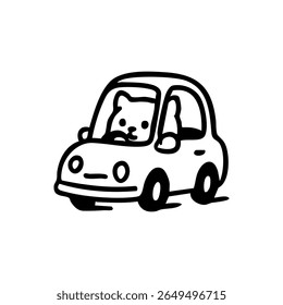 Dibujo de línea negro simple de un gato de dibujos animados que conduce un coche Pequeño