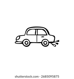 Dibujo de línea negro simple de un coche de dibujos animados con escape