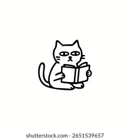 Un simple dibujo de línea negra de un gato sentado y sosteniendo un libro