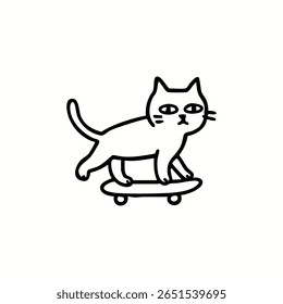 Dibujo de línea negra simple de un gato montando un monopatín