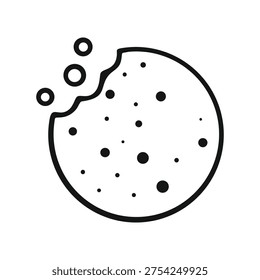 A simple black line drawing of a chocolate chip cookie with bubbles rising from it, on a white background