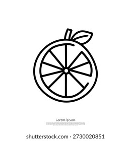 A simple black line drawing of a citrus fruit slice with a leaf on top