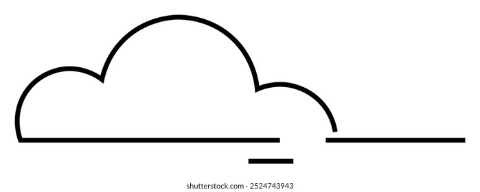 A simple black line drawing of a cloud with a horizontal line beneath it. Ideal for weather, minimalism, digital interfaces, data storage, and nature. Minimalist art style.