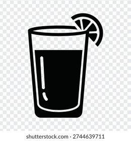 A simple black line drawing of a cocktail glass filled with dark liquid and garnished with a lemon wedge on a transparent background