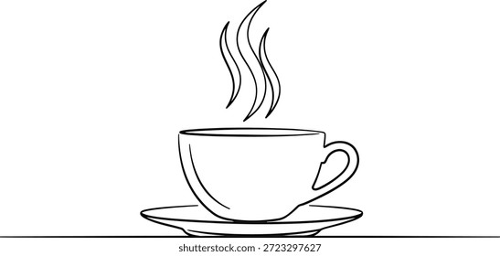 Un simple dibujo de línea negra de una taza de café y un platillo con vapor que se eleva de él, sobre un fondo blanco limpio, evocando una sensación de calidez y comodidad.