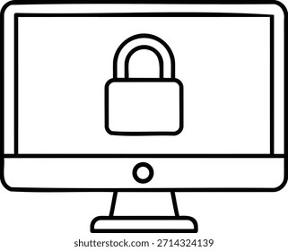 Un simple dibujo de línea negra de un monitor de computadora con un candado en su pantalla, que simboliza seguridad y protección, sobre un fondo blanco puro