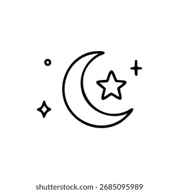 Simple black line drawing of a crescent moon with a star and small sparkling stars