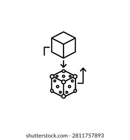A simple black line drawing of a cube transforming into a dice with arrows, in a minimalist style on a white background, ideal for illustrating concepts of change, transformation, or chance.