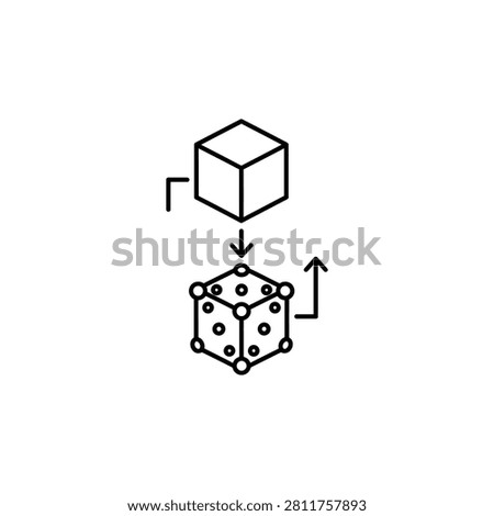 A simple black line drawing of a cube transforming into a dice with arrows, in a minimalist style on a white background, ideal for illustrating concepts of change, transformation, or chance.