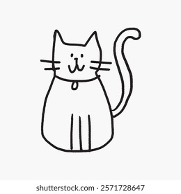 Simple black line drawing of a cute cat with a smiling face. Minimalist cat illustration with a playful expression and a curled tail. Simple black line art doodle vector.