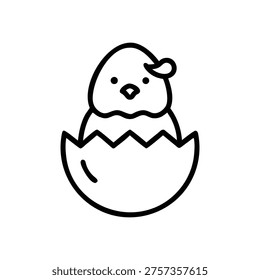 A simple black line drawing of a cute chick hatching from an egg on a white background, with a smiling face and a broken eggshell.