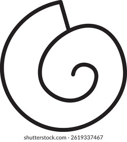 Um simples desenho em linha preta representa uma concha espiral.  A imagem mostra uma forma enrolada, semelhante a náutilo em um estilo minimalista. Ilustração de vetor de desenhos animados