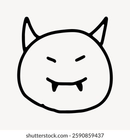 Simple black line drawing of a devil face with horns and fangs on a white background. Cartoon devil face illustration with horns and fangs. Minimalist devil face art. Doodle illustration vector.