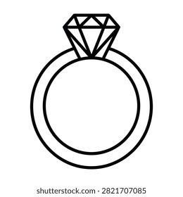 Simple black line drawing of diamond ring on finger, luxury jewelry symbol