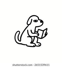 Un simple dibujo de línea negra de un perro sentado y sosteniendo un libro