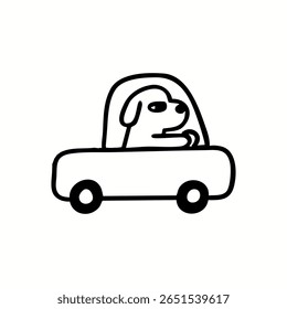 Simple black line drawing of a dog driving a car