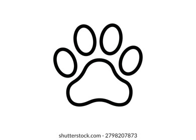 A simple black line drawing of a dog paw print with four toes and a pad, isolated on a pure white background, perfect for pet or animal related designs