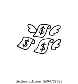 Simple black line drawing of dollar signs with angel wings, stylized as money flying