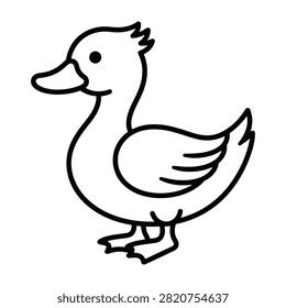 Simple black line drawing of a duck character for coloring book pages, educational materials and children activities. Minimalist art style.