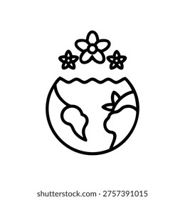 A simple black line drawing of the earth with a leaf on it and three flowers above it on a white background