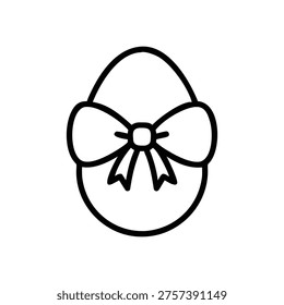A simple black line drawing of an Easter egg adorned with a bow, on a white background, in a minimalist style.