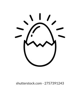 A simple black line drawing of an egg hatching with sun rays emanating from it on a white background