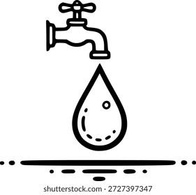 Dibujo de línea negra simple de un grifo que gotea una sola gota de agua sobre una superficie, creando un Pequeño charco.