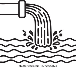 A simple black line drawing of a faucet with water flowing out and into wavy lines below, creating a dynamic and stylized representation of water flow.