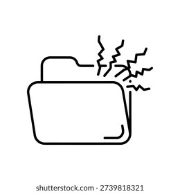A simple black line drawing of a file folder with torn papers and documents spilling out, symbolizing data loss or document damage.