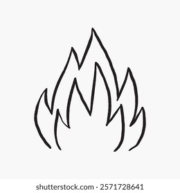 Simple black line drawing of a flame, isolated vector. Minimalist fire illustration with sharp, pointed edges. Basic flame design, isolated vector. Simple black line art doodle vector.