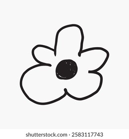 Simple black line drawing of a flower with five petals and a central dot, resembling a daisy. Minimalist flower illustration on a plain background. Line art illustration vector.