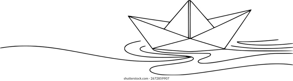 A simple black line drawing of a folded paper boat sailing on stylized wavy water.