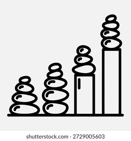 Dibujo de línea negra simple de cuatro Elementos de gráfico de barras con Formas en espiral en la parte superior, que varían en altura y complejidad.