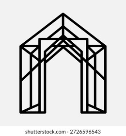 Desenho simples em linha preta de um arco geométrico ou uma porta sobre um fundo branco, criando uma sensação de profundidade e perspectiva.