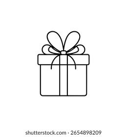 Simple black line drawing of a gift box with a bow isolated on white background