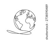 A simple black line drawing of a globe with continents outlined in a single flowing line, set against a pure white background for versatility