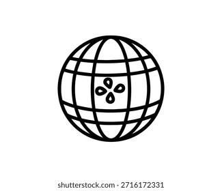A simple black line drawing of a globe with leaves on a white background, representing fresh produce and global sustainability