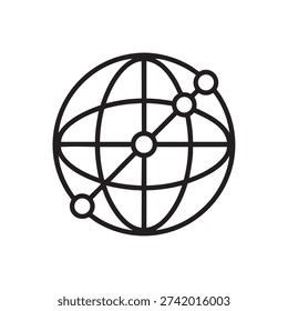 A simple black line drawing of a globe with intersecting lines and small circles at the intersections on a pure white background